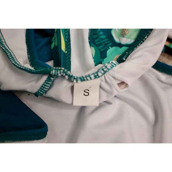 Tropical Floral Cut Out Tummy Teal Moderate Coverage 1pc Swimsuit SMALL Vacation - Picture 7 of 10